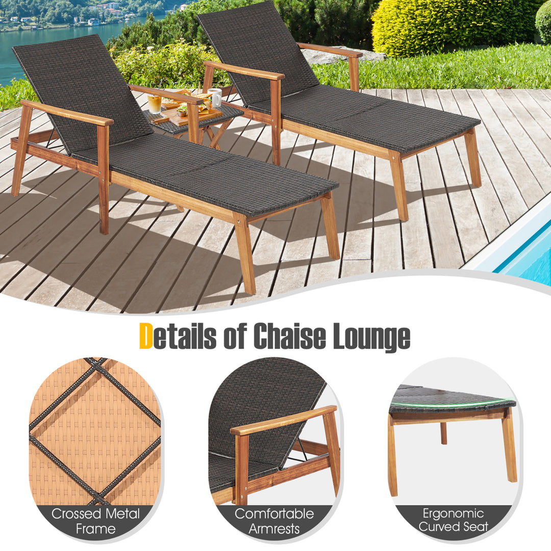 2PCS Patio Lounge Chair Adjustable Recliner Chair Acacia Wood Frame Folding Table Set Image 9