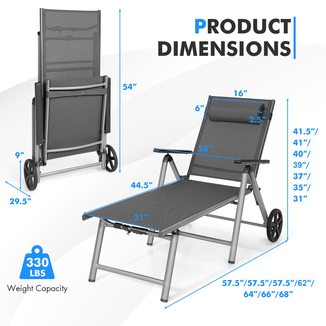 2PCS Patio Recliner Chair Outdoor Adjustable Folding Chaise Lounge Chair w/ 2 Wheels Image 3