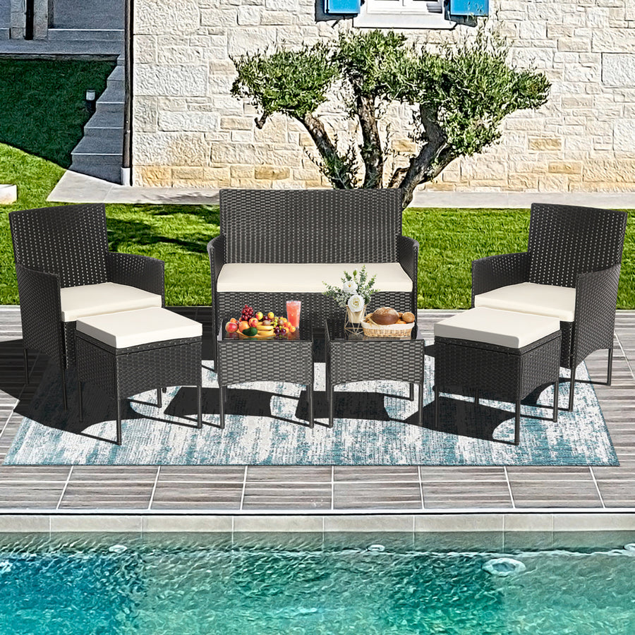 7PCS Outdoor Wicker Sofa Set Patio Rattan Sofa Set w/ Coffee Tables and Ottomans Image 1