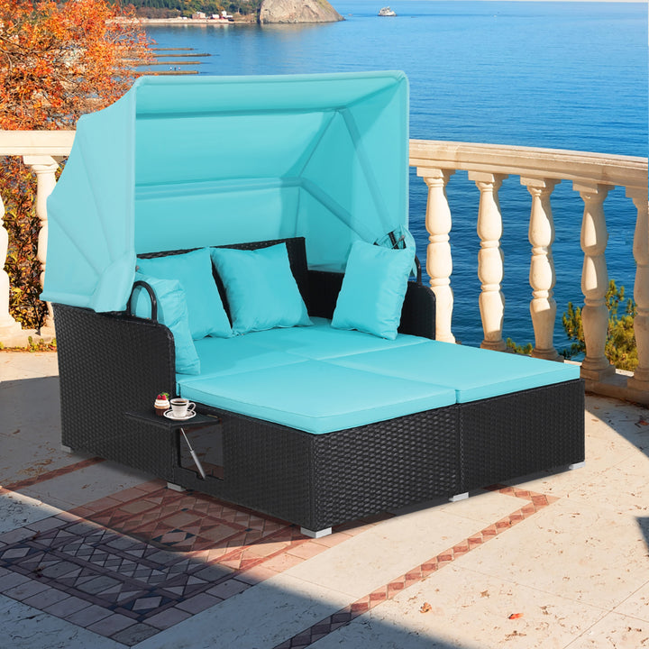 Patio Hand-Woven PE Wicker Daybed Outdoor Loveseat Sofa Set w/ Turquoise Cushions Image 3