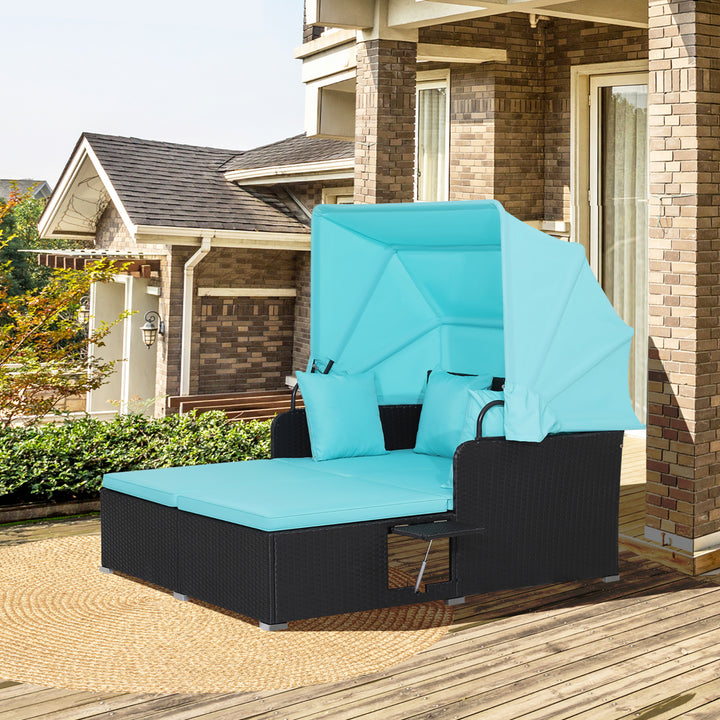 Patio Hand-Woven PE Wicker Daybed Outdoor Loveseat Sofa Set w/ Turquoise Cushions Image 4