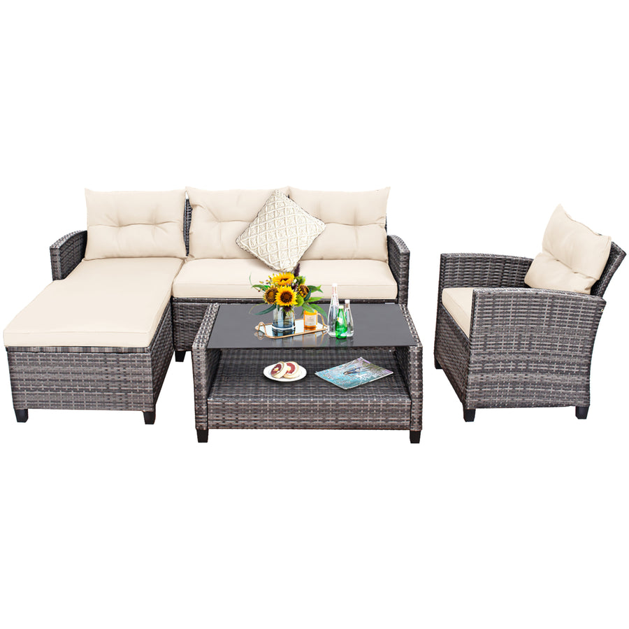 4PCS Rattan Patio Conversation Furniture Set Outdoor Sectional Sofa Set White Image 1