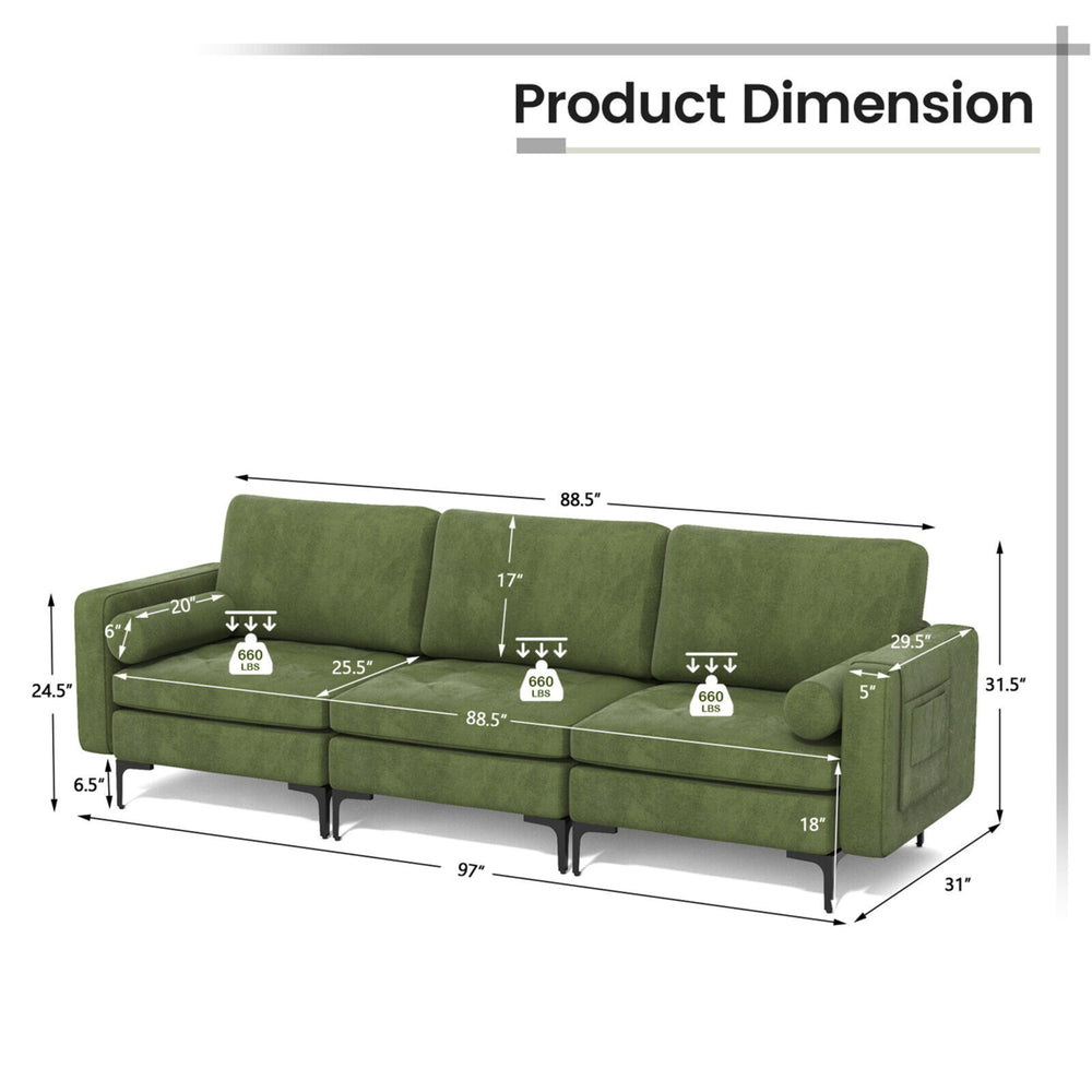 Upholstered Modular 3-Seater Sectional Sofa Couch w/ 2 Bolsters USB Ports and Socket Image 2