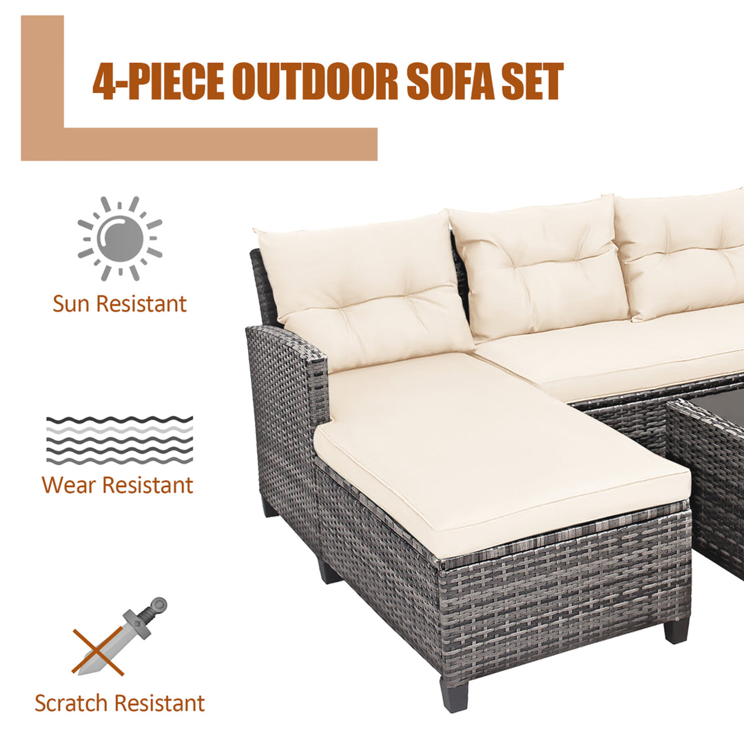 4PCS Rattan Patio Conversation Furniture Set Outdoor Sectional Sofa Set White Image 3