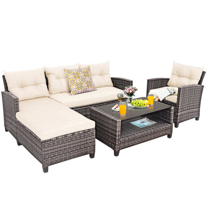 4PCS Rattan Patio Conversation Furniture Set Outdoor Sectional Sofa Set White Image 5