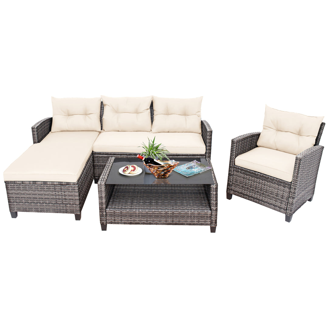 4PCS Rattan Patio Conversation Furniture Set Outdoor Sectional Sofa Set White Image 6