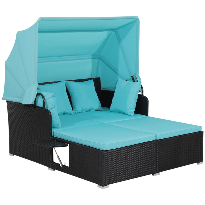 Patio Hand-Woven PE Wicker Daybed Outdoor Loveseat Sofa Set w/ Turquoise Cushions Image 10