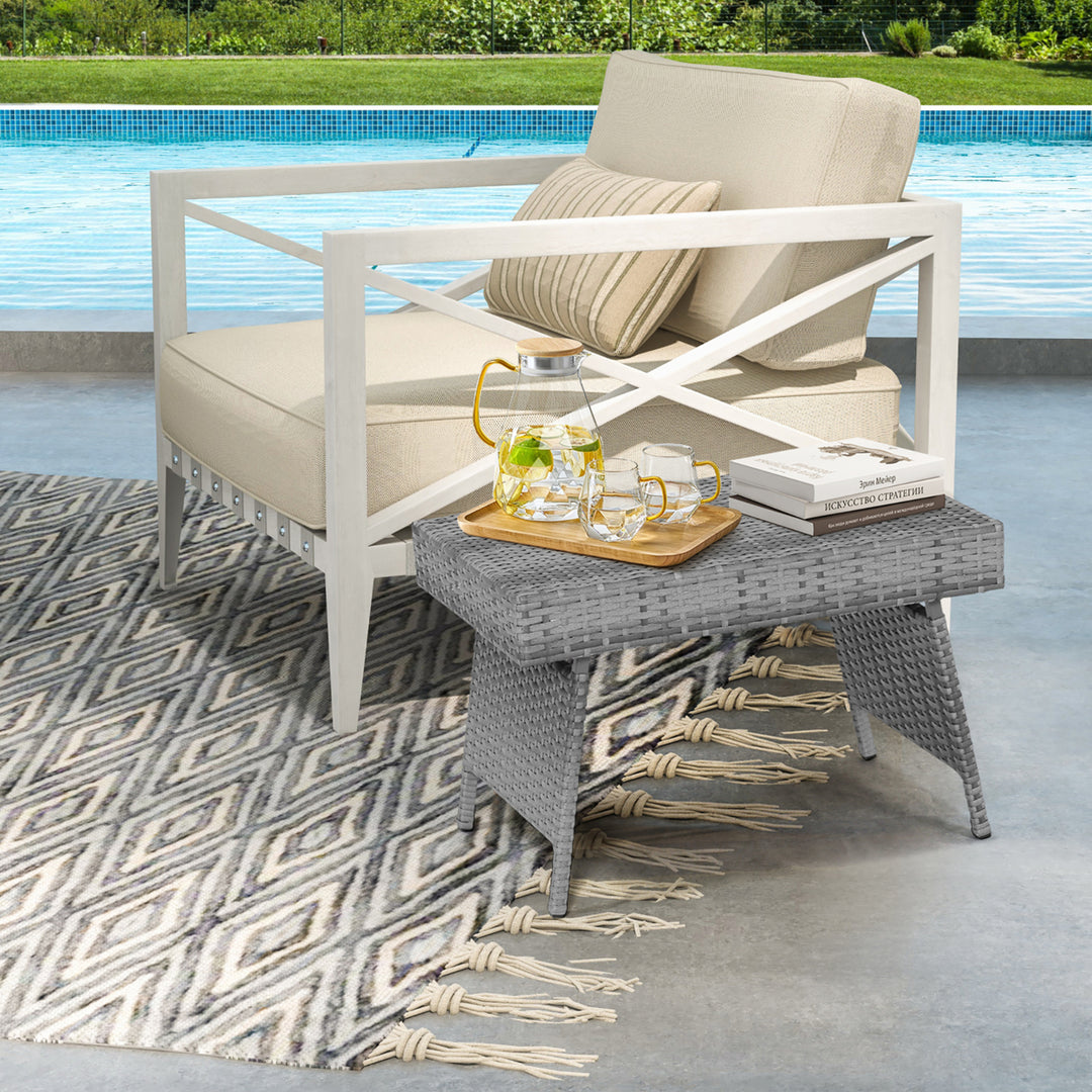 Folding Rattan Wicker Coffee Side Table Patio Garden Poolside Yard Outdoor Mix Gray Image 3