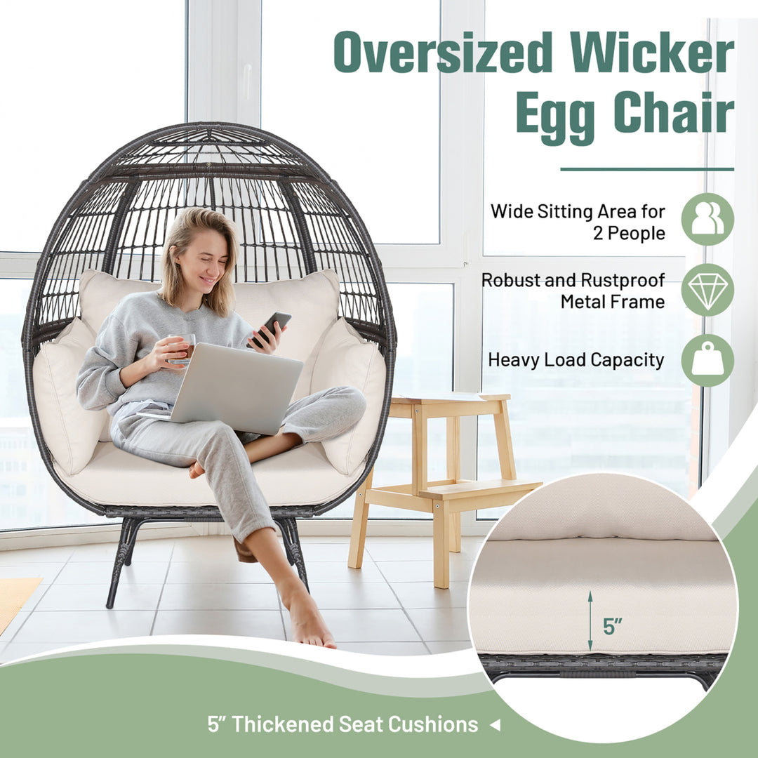 Patio Rattan Wicker Lounge Chair Oversized Outdoor Metal Frame Egg Chair w/ 4 Cushions Image 6