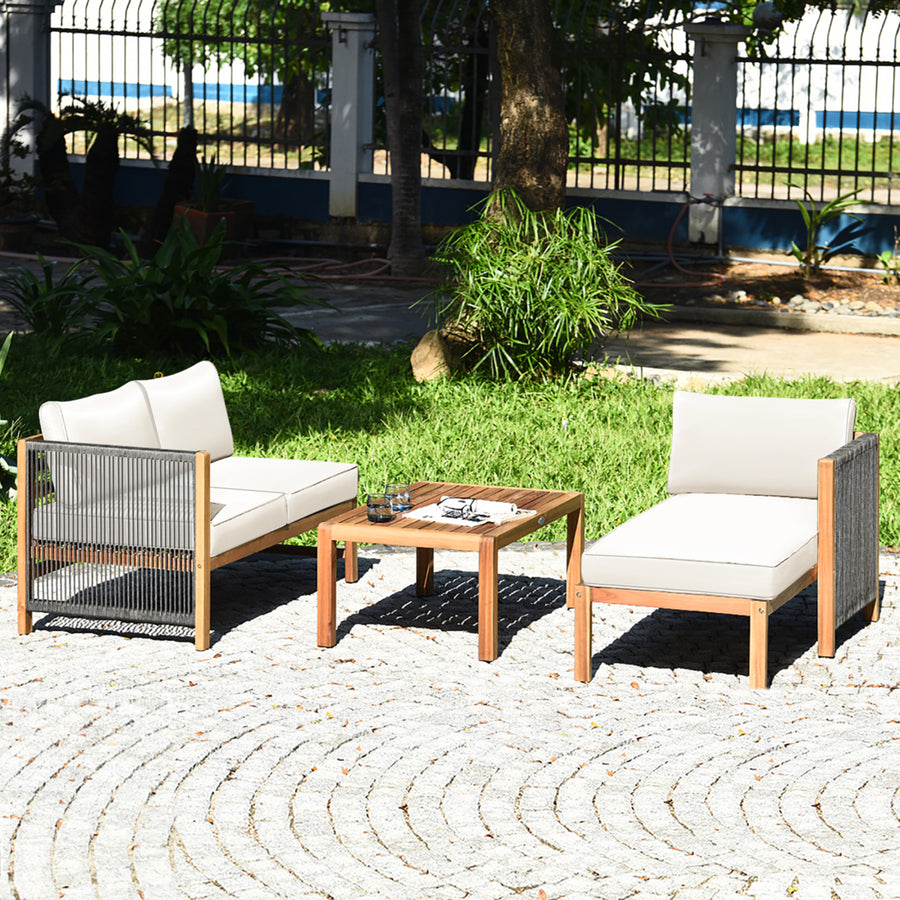 3PCS Patio Acacia Wood Sofa Furniture Set Thick Cushion W/ Nylon Rope Armrest White Image 1