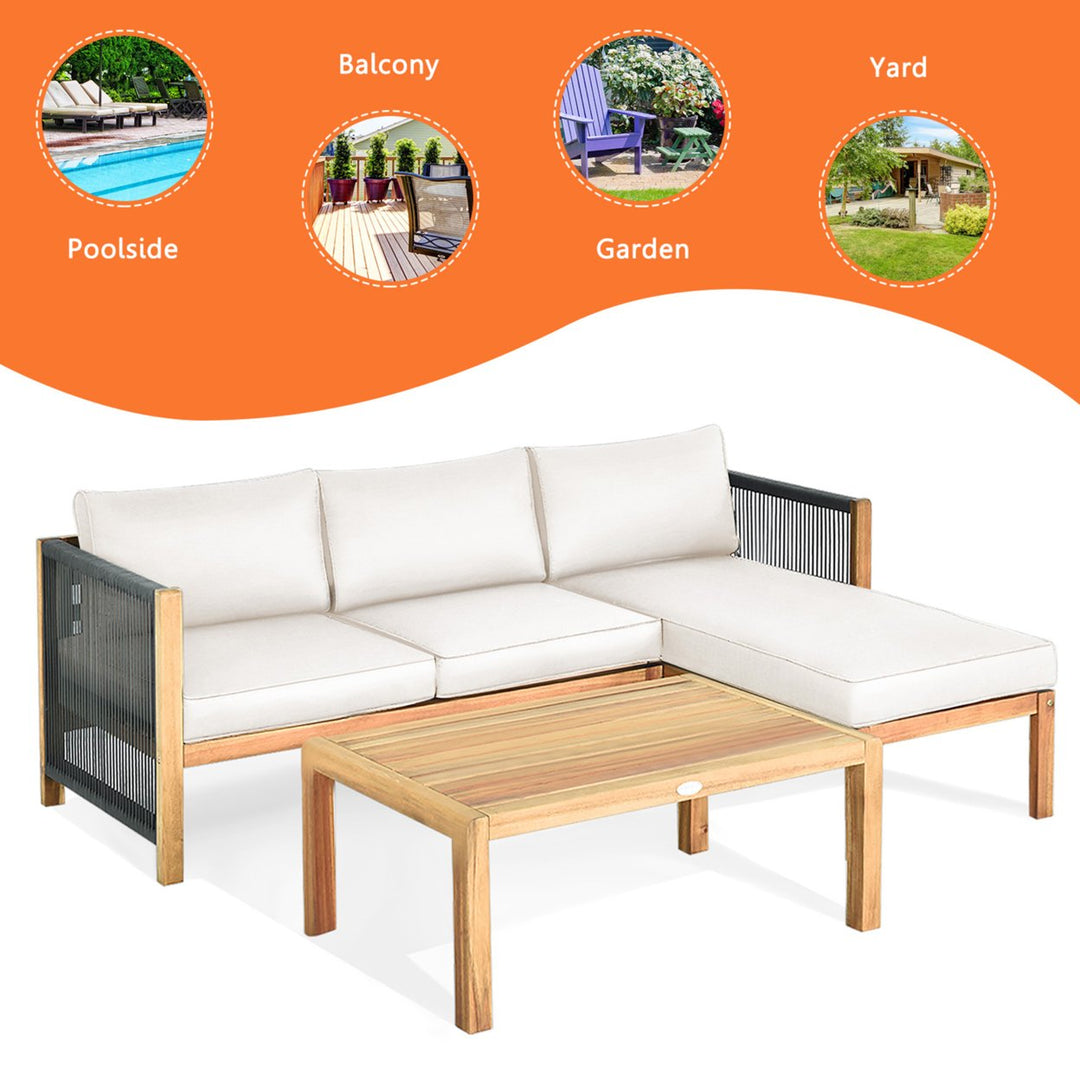 3PCS Patio Acacia Wood Sofa Furniture Set Thick Cushion W/ Nylon Rope Armrest White Image 3