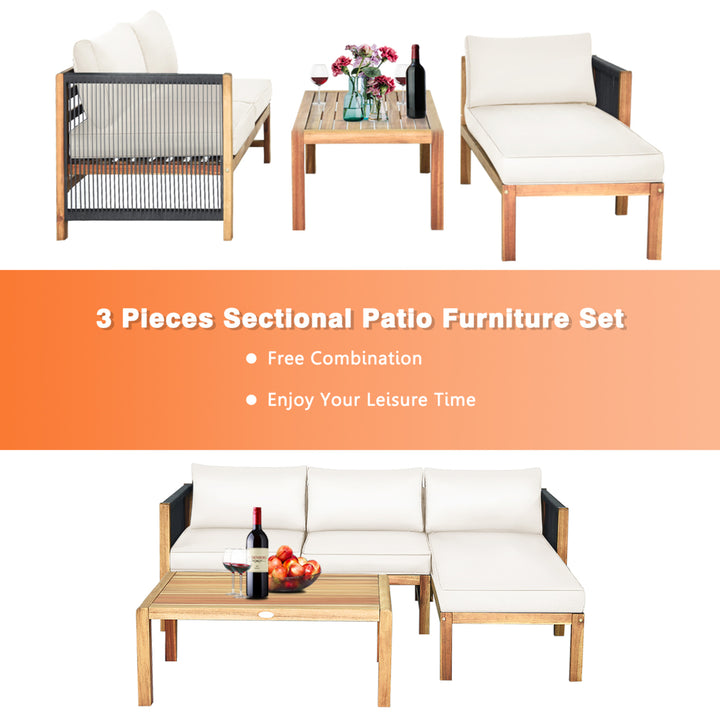 3PCS Patio Acacia Wood Sofa Furniture Set Thick Cushion W/ Nylon Rope Armrest White Image 4