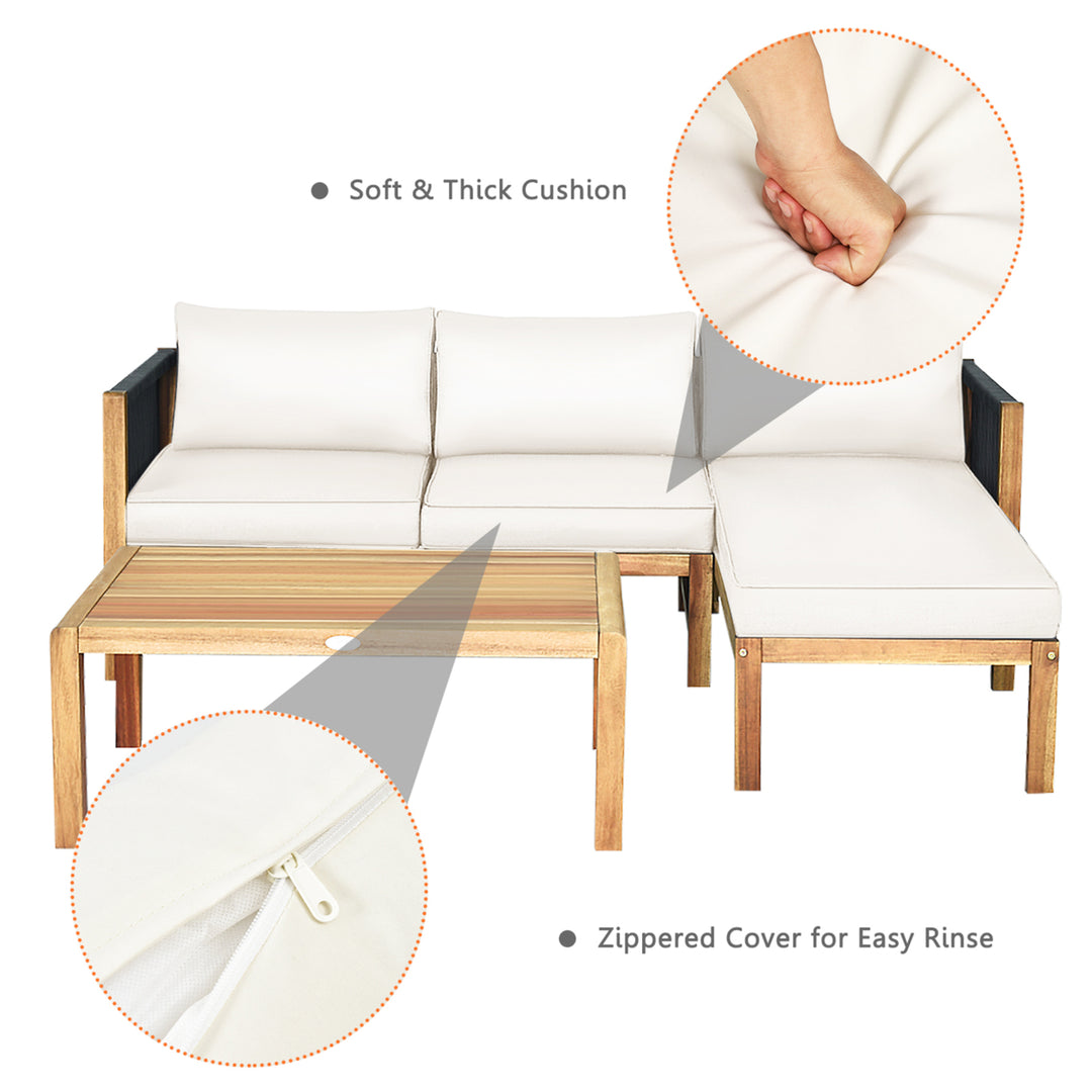 3PCS Patio Acacia Wood Sofa Furniture Set Thick Cushion W/ Nylon Rope Armrest White Image 6