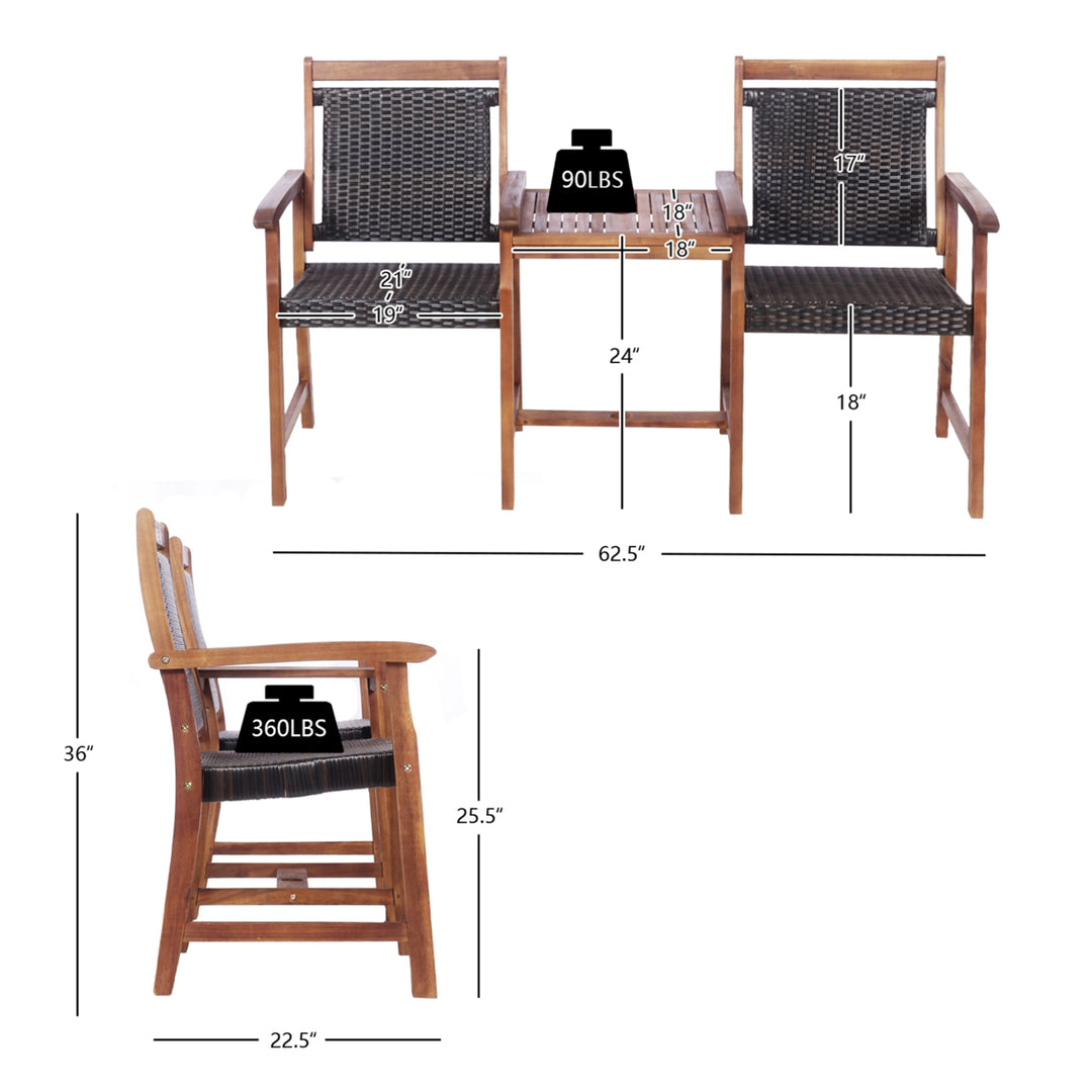 Patio Acacia Wood Conversation Companion Bench Loveseat Chair with Side Table Image 3