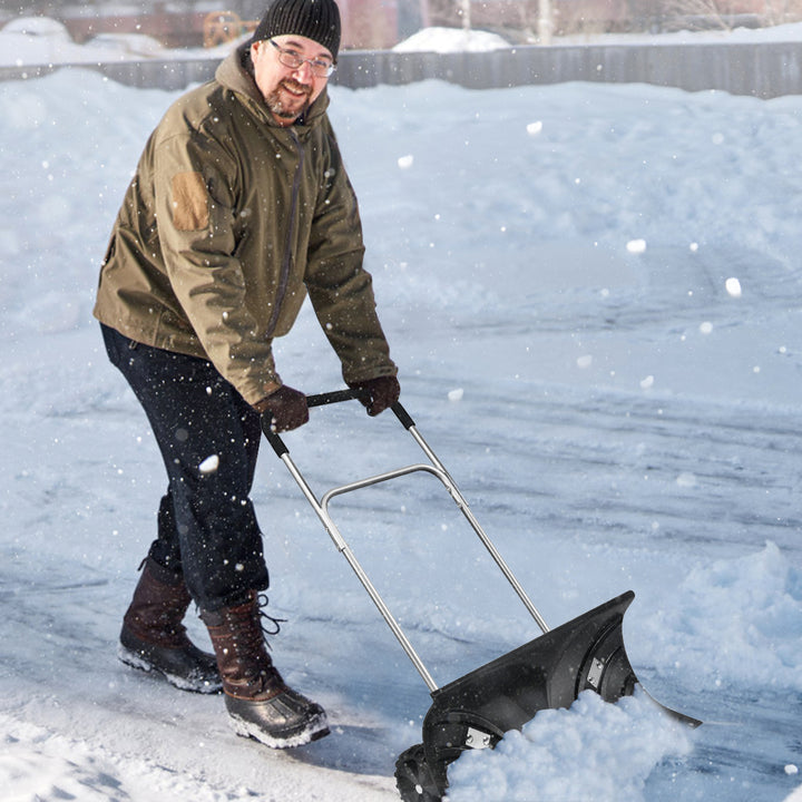 Rolling Snow Pusher Plow Shovel w/Adjustable Handle Removal Tool Image 4