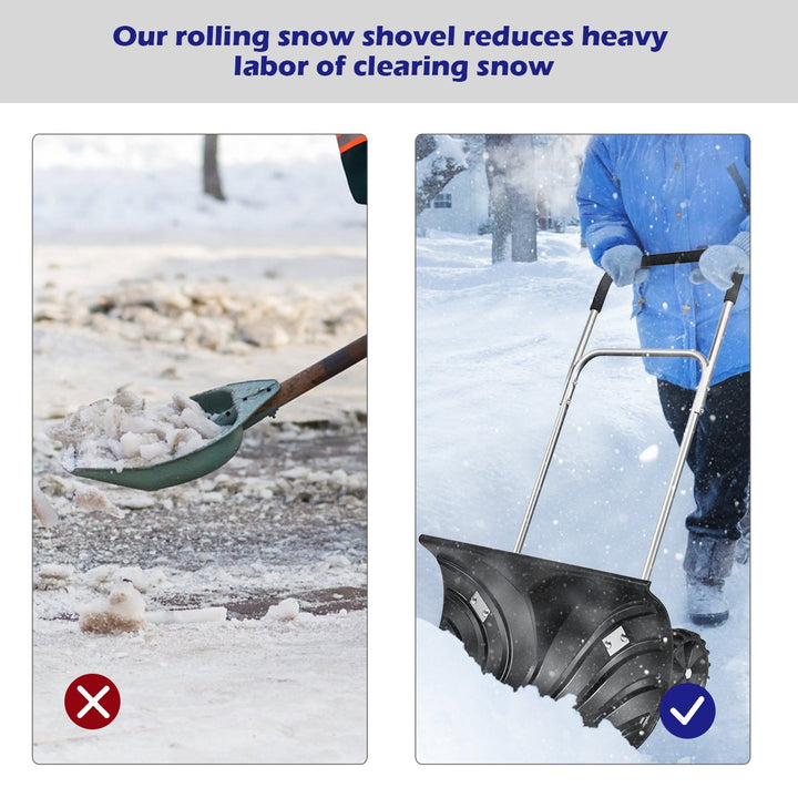 Rolling Snow Pusher Plow Shovel w/Adjustable Handle Removal Tool Image 5