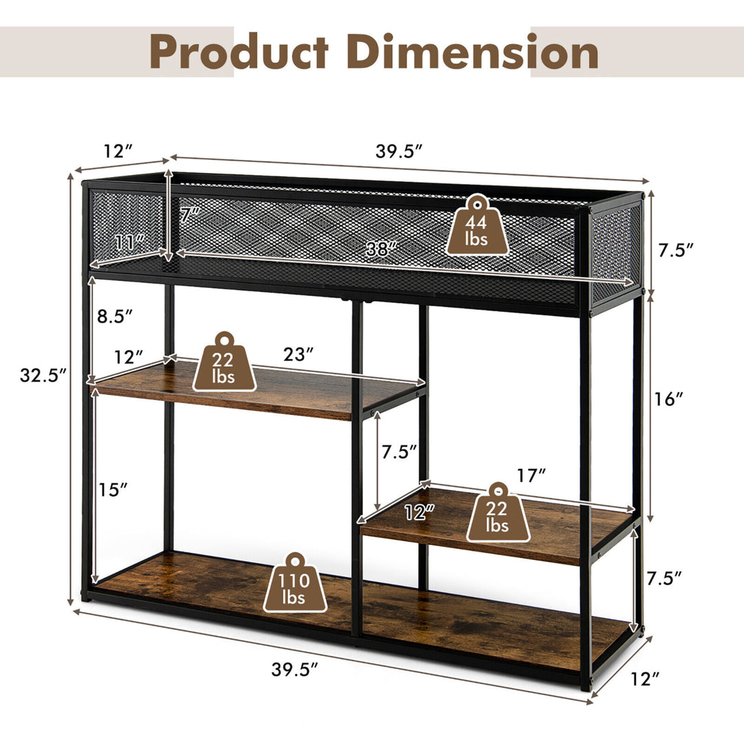 4-Tier Console Table w/ Wire Basket Narrow Sofa Table w/ shelf Industrial Bookcase Image 2