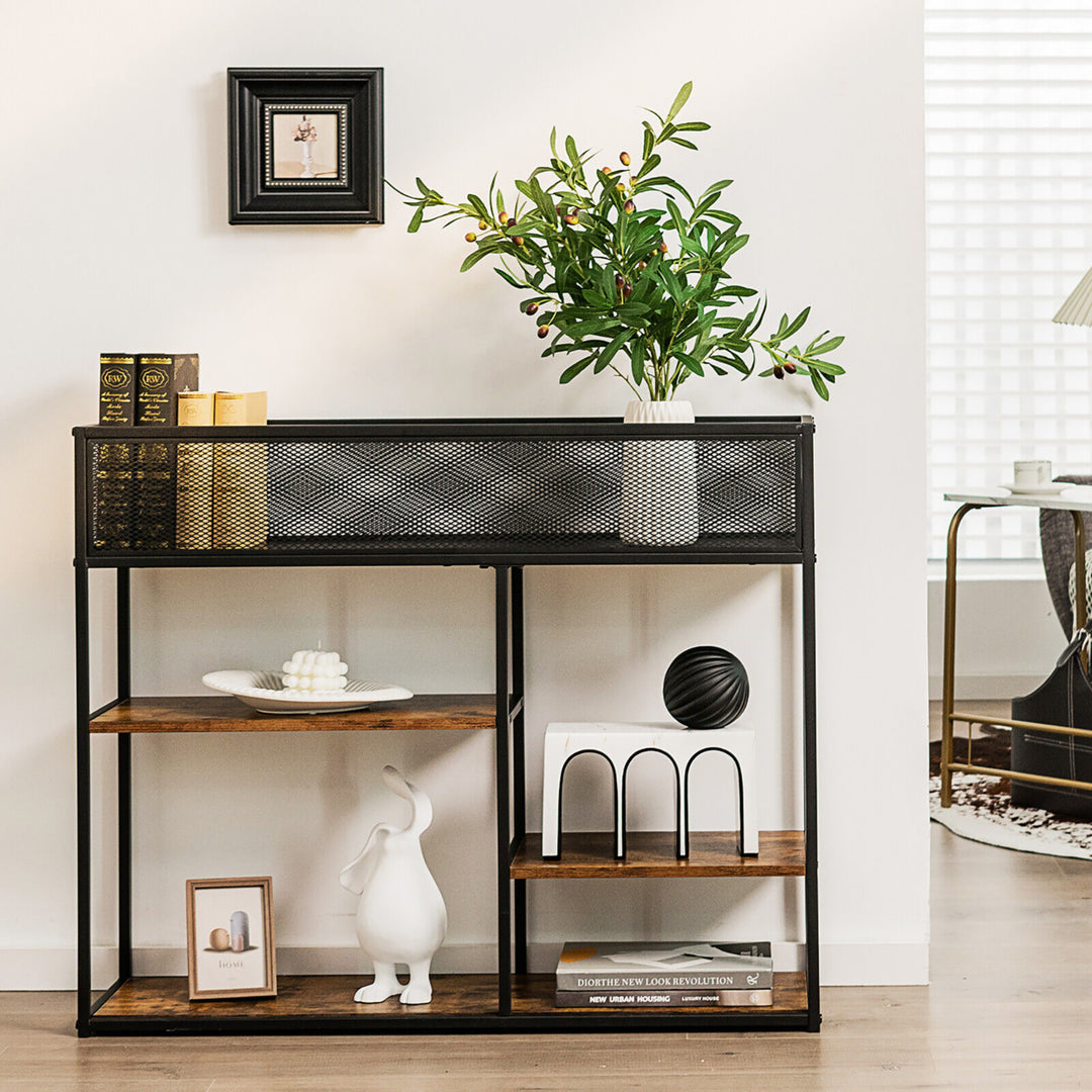 4-Tier Console Table w/ Wire Basket Narrow Sofa Table w/ shelf Industrial Bookcase Image 3