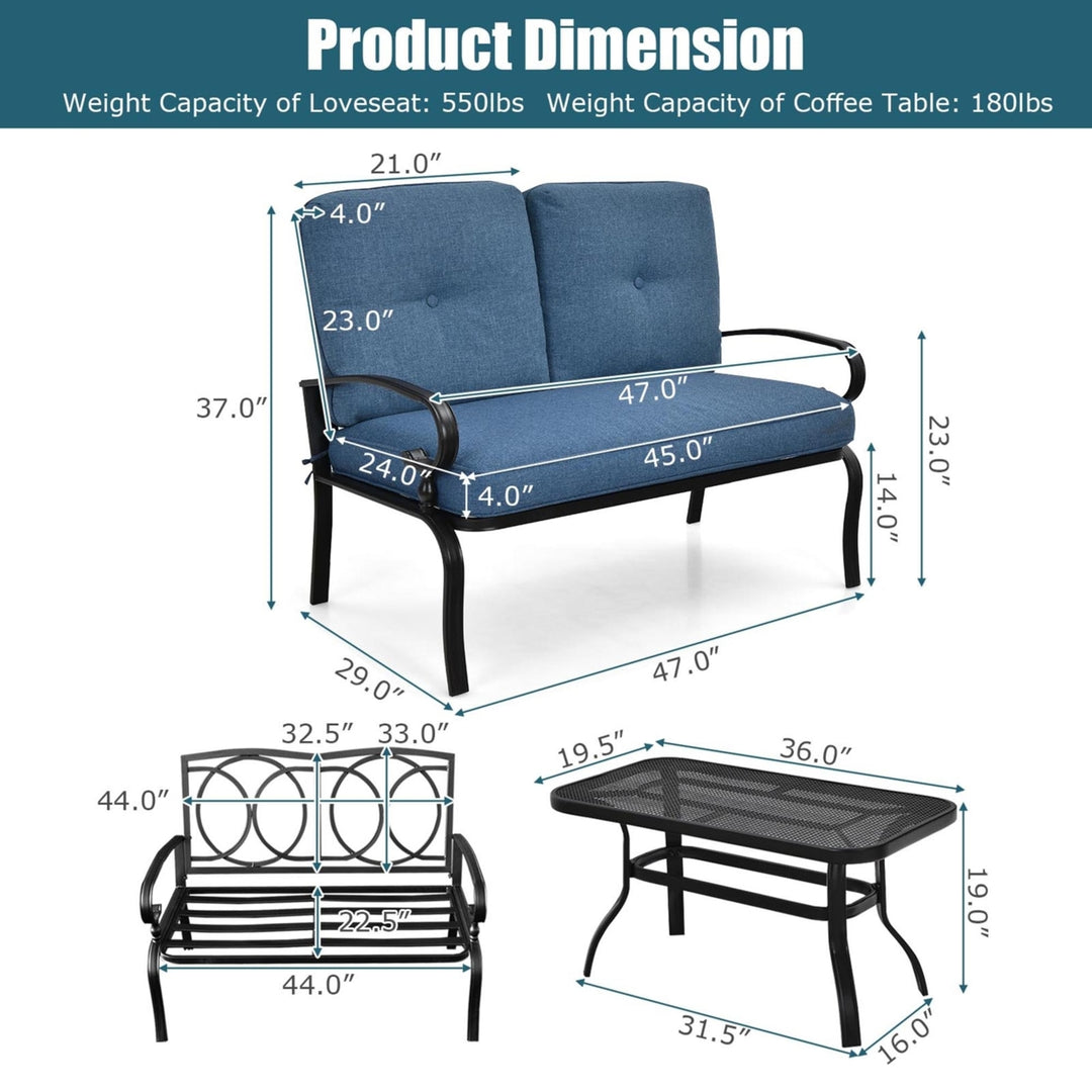 2PCS Patio Loveseat and Table Set Conversation Sofa Set w/ Blue Cushions Image 3