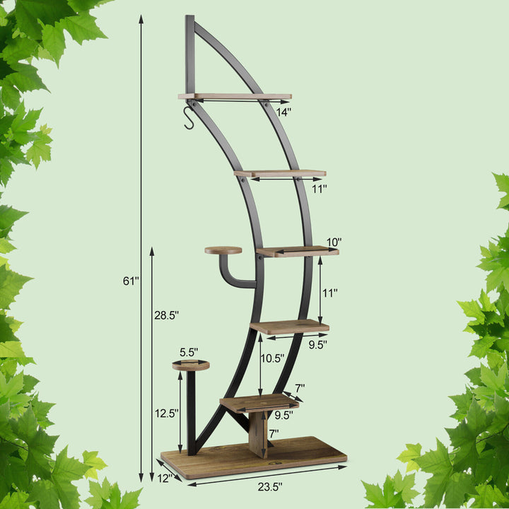 6 Tier 9 Potted Metal Plant Stand Rack Curved Stand Holder Display Shelf w/ Hook Image 2