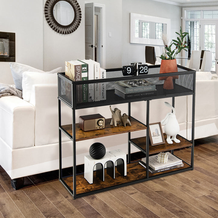 4-Tier Console Table w/ Wire Basket Narrow Sofa Table w/ shelf Industrial Bookcase Image 5