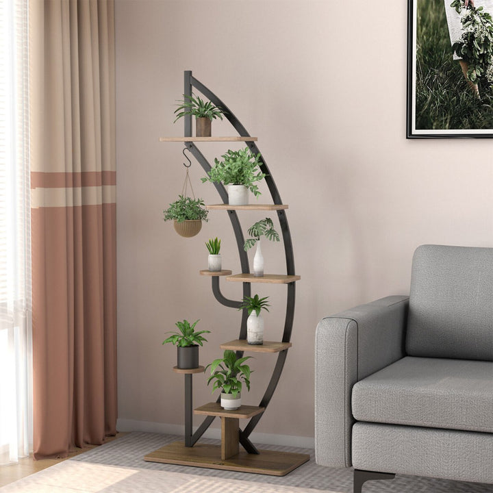 6 Tier 9 Potted Metal Plant Stand Rack Curved Stand Holder Display Shelf w/ Hook Image 4