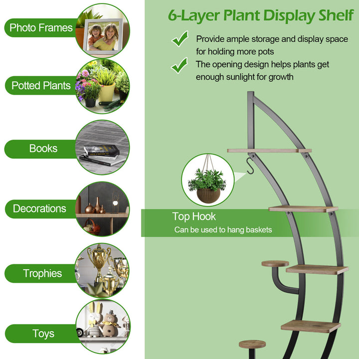 6 Tier 9 Potted Metal Plant Stand Rack Curved Stand Holder Display Shelf w/ Hook Image 5