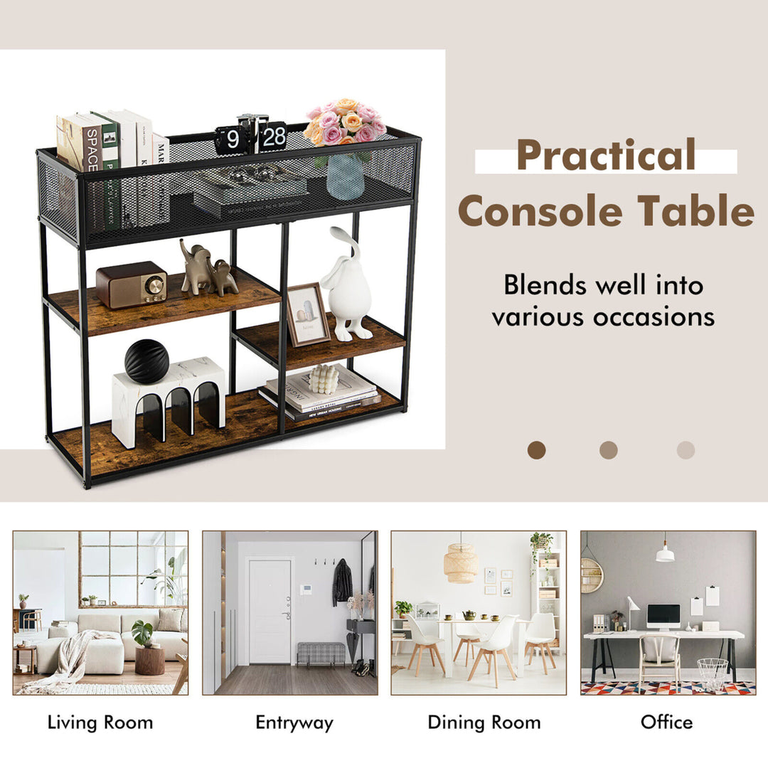 4-Tier Console Table w/ Wire Basket Narrow Sofa Table w/ shelf Industrial Bookcase Image 9