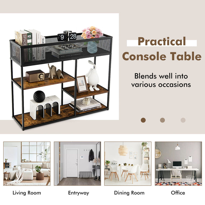 4-Tier Console Table w/ Wire Basket Narrow Sofa Table w/ shelf Industrial Bookcase Image 9