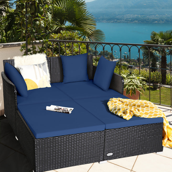 Rattan Patio Daybed Loveseat Sofa Yard Outdoor w/ Navy Cushions Pillows Image 1