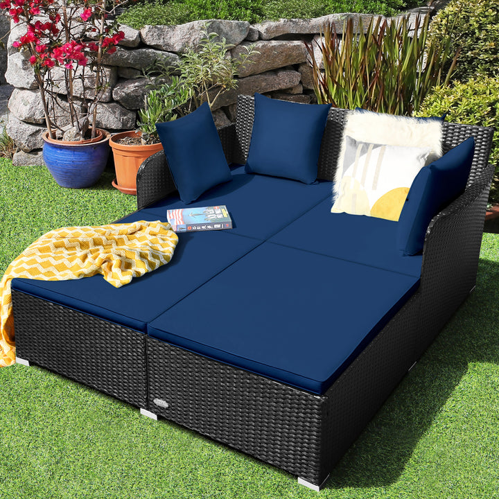 Rattan Patio Daybed Loveseat Sofa Yard Outdoor w/ Navy Cushions Pillows Image 3