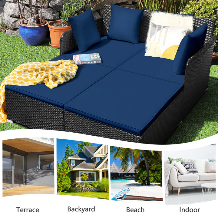 Rattan Patio Daybed Loveseat Sofa Yard Outdoor w/ Navy Cushions Pillows Image 4