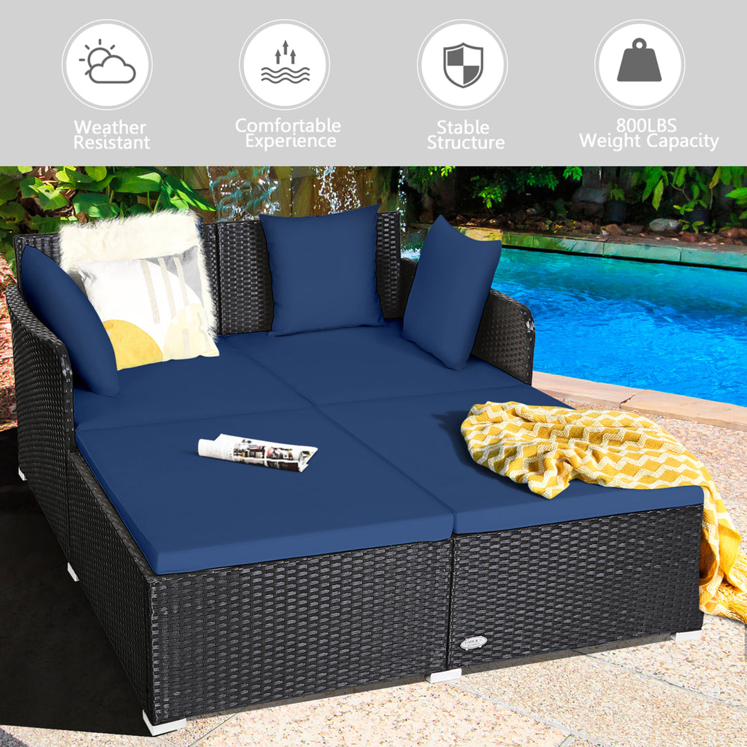 Rattan Patio Daybed Loveseat Sofa Yard Outdoor w/ Navy Cushions Pillows Image 5