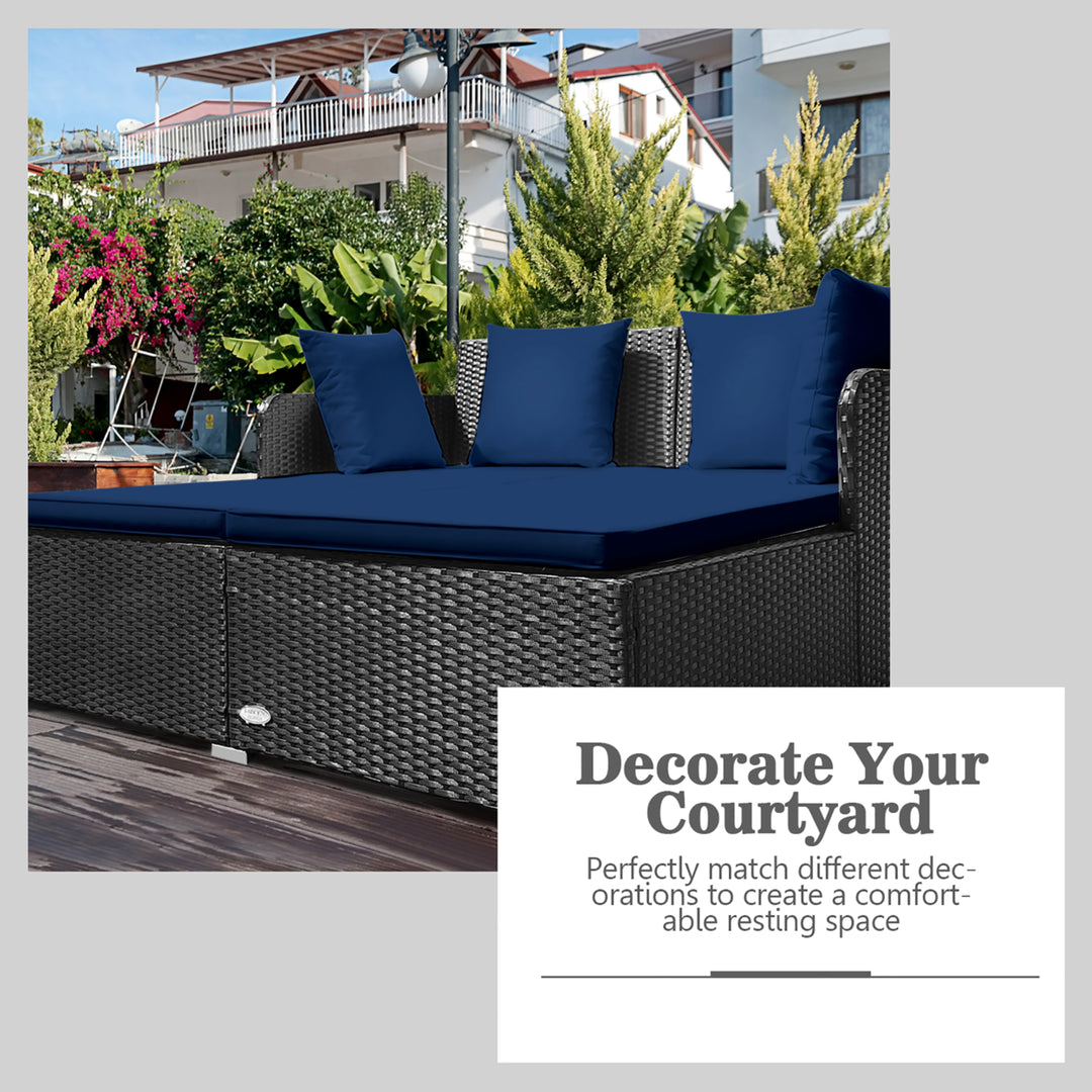 Rattan Patio Daybed Loveseat Sofa Yard Outdoor w/ Navy Cushions Pillows Image 6