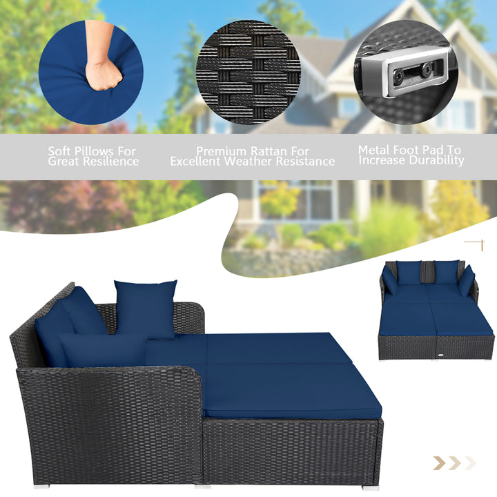 Rattan Patio Daybed Loveseat Sofa Yard Outdoor w/ Navy Cushions Pillows Image 7