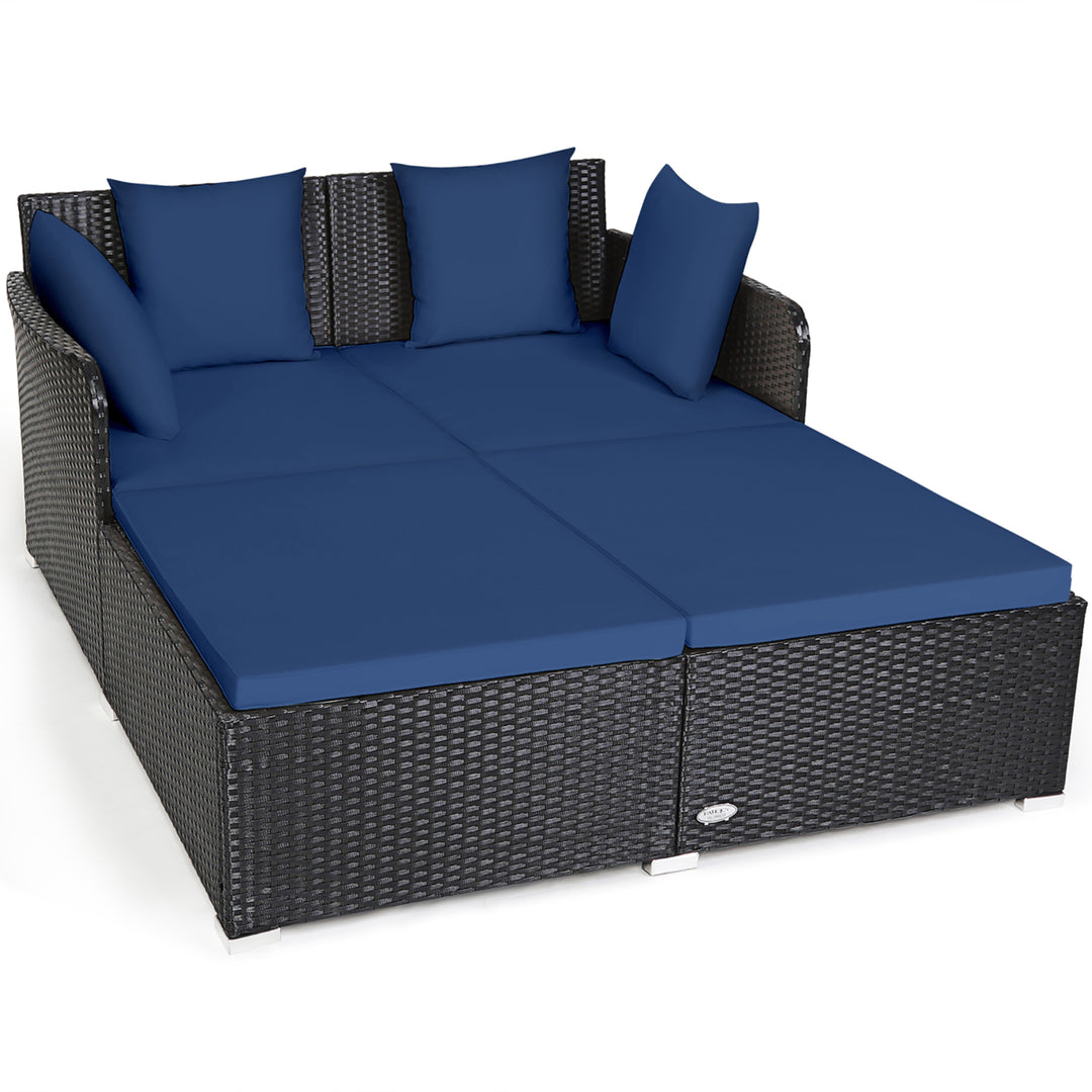 Rattan Patio Daybed Loveseat Sofa Yard Outdoor w/ Navy Cushions Pillows Image 9