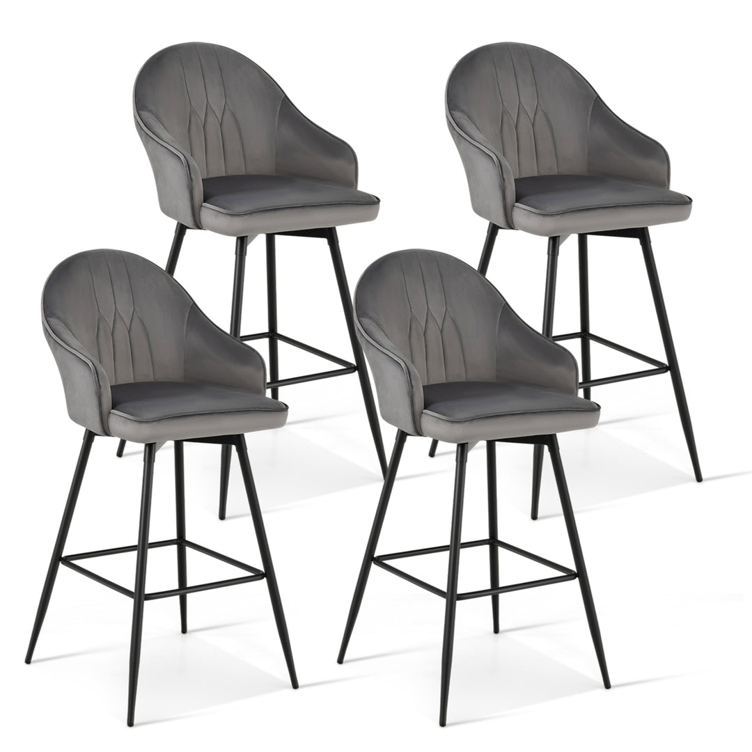 Set of 4 Velvet Bar Stools Swivel Pub Height Dining Chairs w/ Metal Legs Gray Image 1