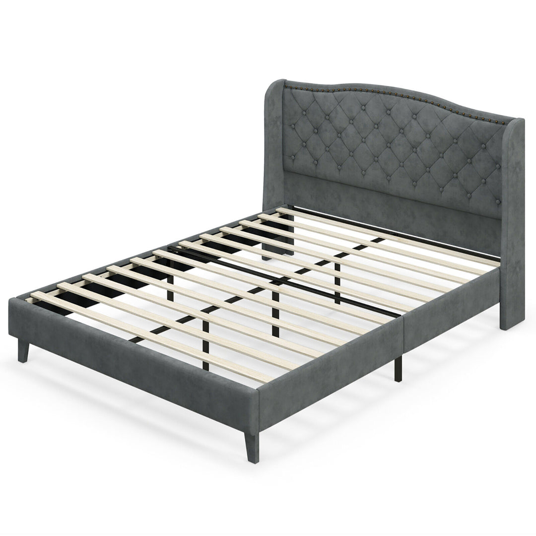 Queen Upholstered Platform Bed Frame w/ Button Tufted Headboard Noise-free Image 5