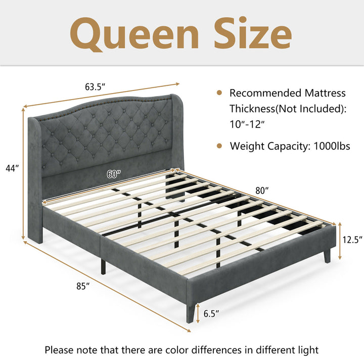 Queen Upholstered Platform Bed Frame w/ Button Tufted Headboard Noise-free Image 2