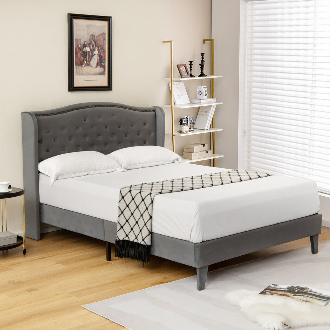 Queen Upholstered Platform Bed Frame w/ Button Tufted Headboard Noise-free Image 3