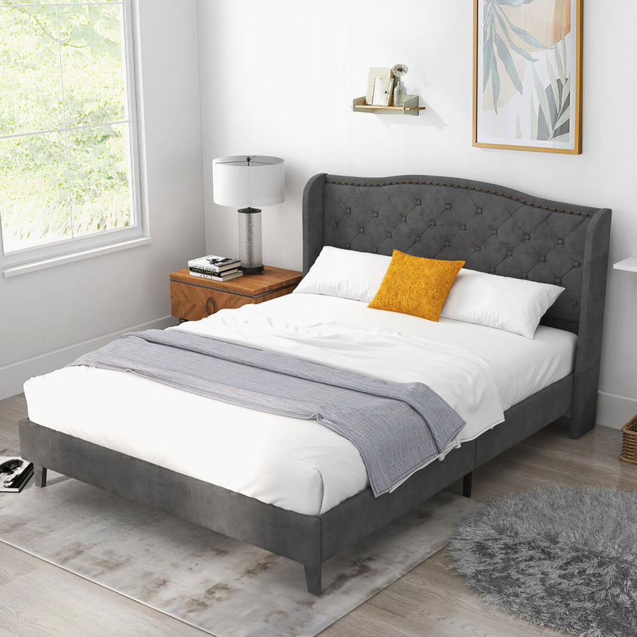 Queen Upholstered Platform Bed Frame w/ Button Tufted Headboard Noise-free Image 1