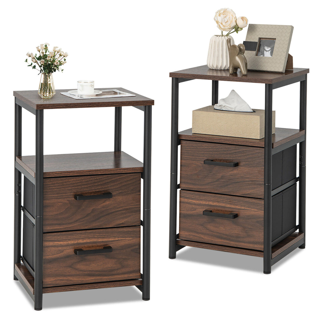 2PCS Nightstand Bedside End Table with 2 Fabric Drawers and Storage Shelf Image 1