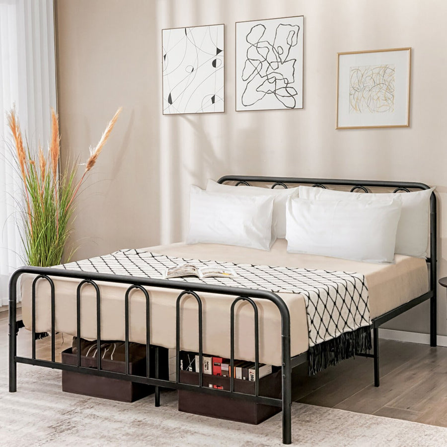 Stylish Queen Size Metal Bed Frame Platform Bed Base w/ Headboard and Footboard Image 1