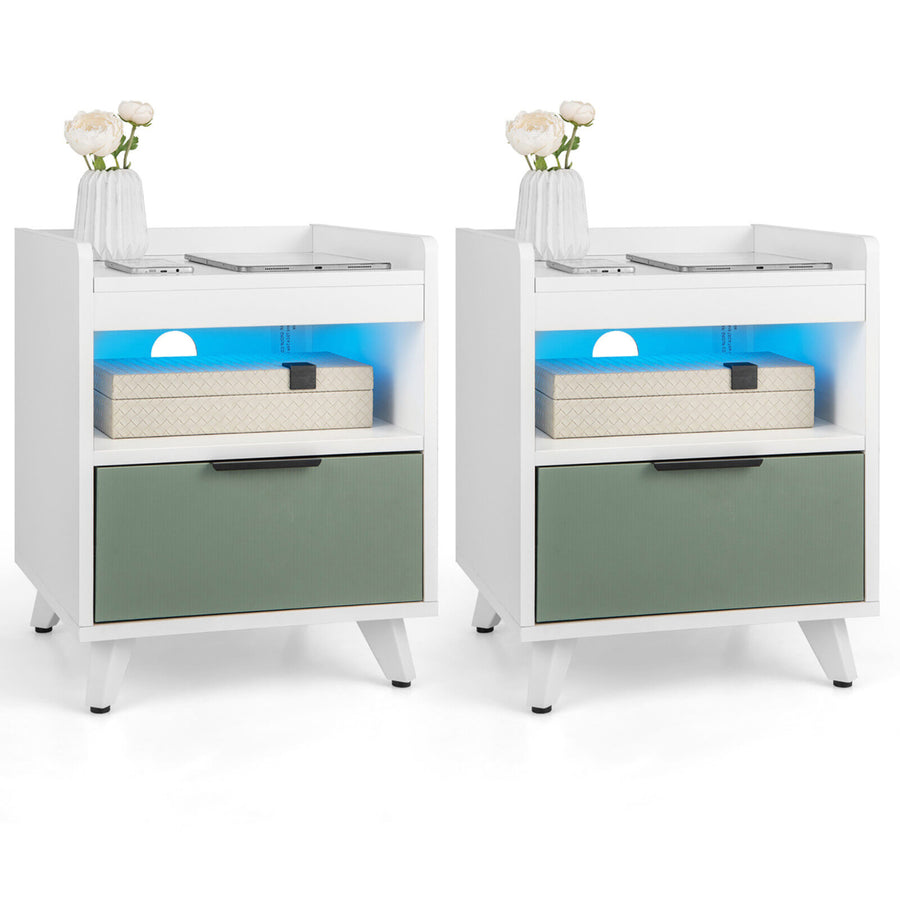 2PCS Nightstand Modern Beside End Table w/ LED Lights Open Compartment and Drawer Image 1