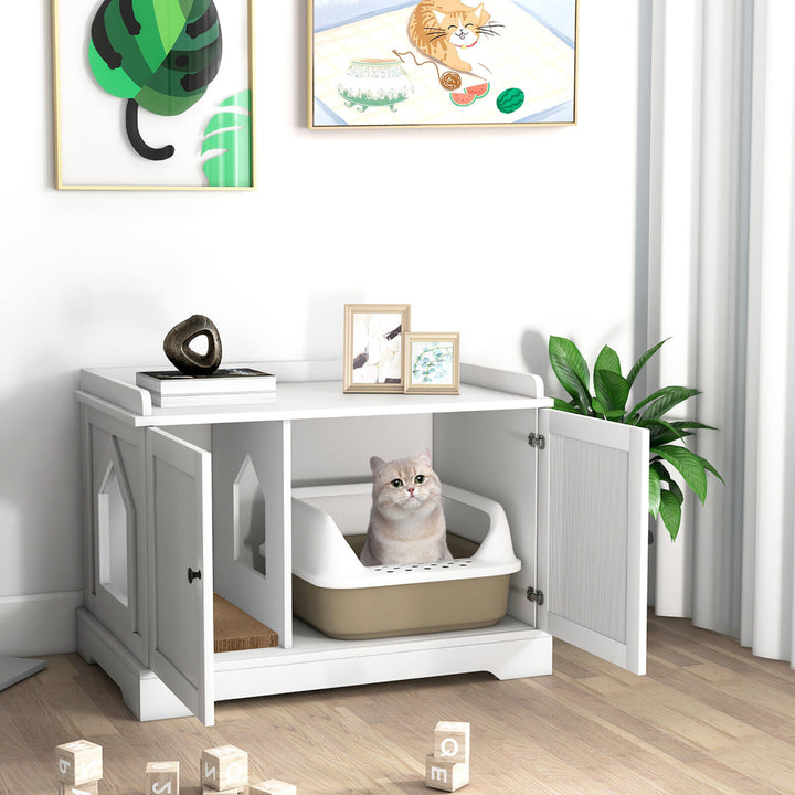 Cat Litter Box Enclosure w/ Scratching Pad and Adjustable Divider End Table Cabinet Image 1