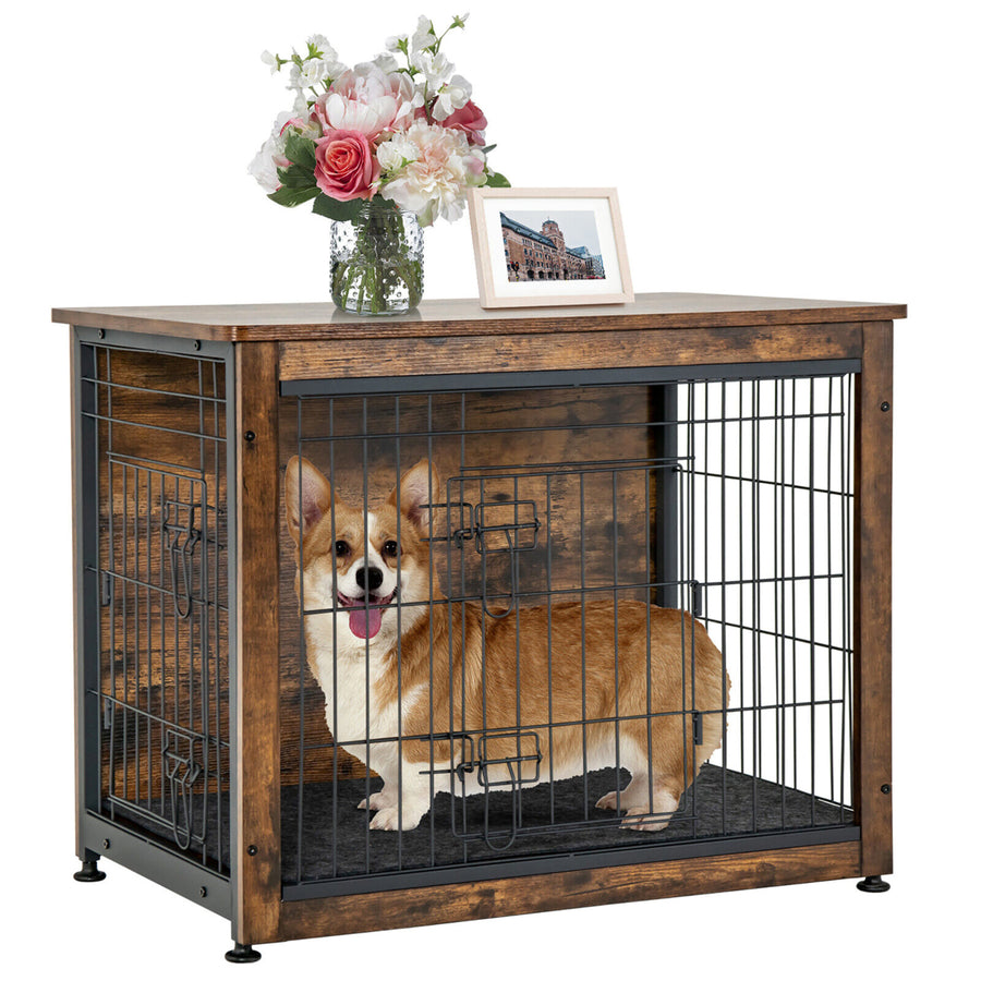 Wooden Dog Crate Furniture with Pad Bed Double Doors Dog Kennel End Table Image 1