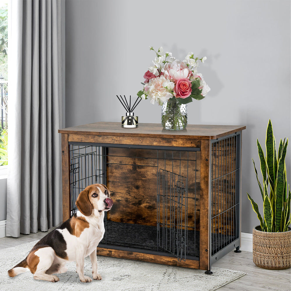 Wooden Dog Crate Furniture with Pad Bed Double Doors Dog Kennel End Table Image 2