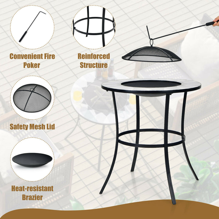 23.5 Round Fire Pit Table Wood Burning Heater W/ Mesh Cover and Fire Poker Image 9