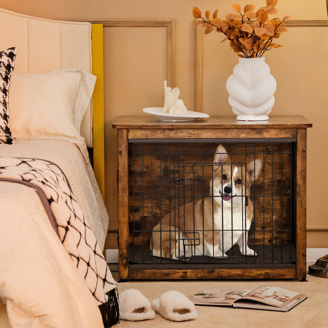 Wooden Dog Crate Furniture with Pad Bed Double Doors Dog Kennel End Table Image 4