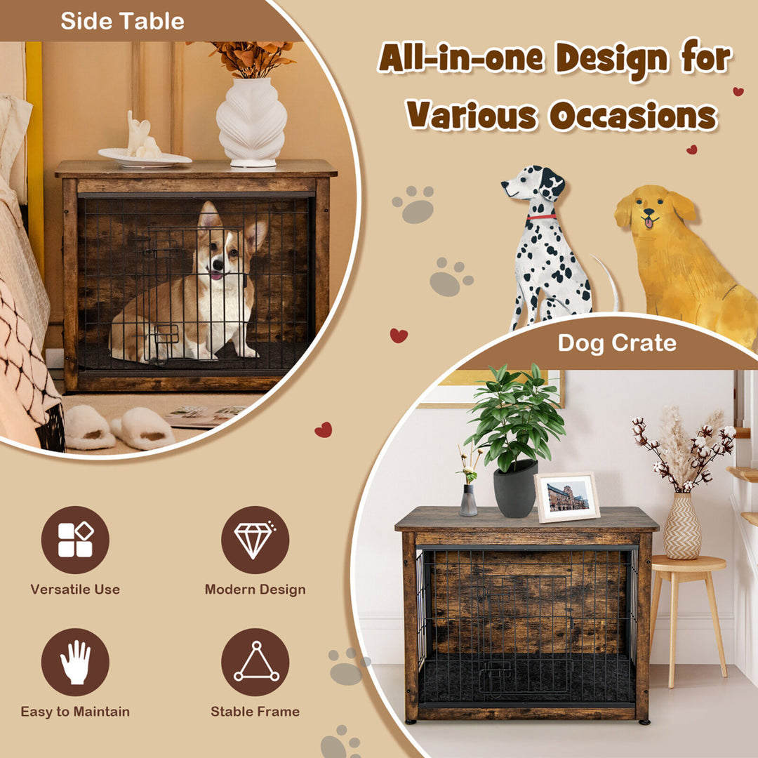 Wooden Dog Crate Furniture with Pad Bed Double Doors Dog Kennel End Table Image 6